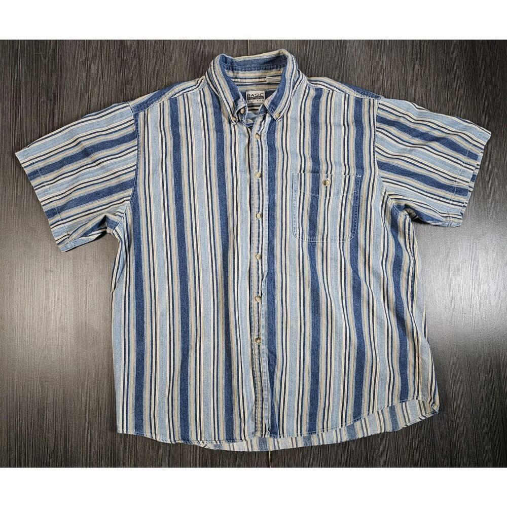 Basic Editions Big Man Mens Short Sleeve Button Down Shirt 2X Blue Stripe Y2K